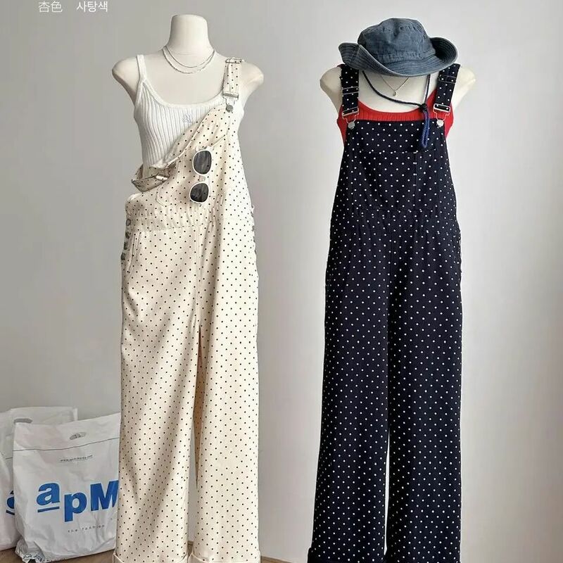 Calças femininas sem mangas com bolinhas de perna larga, calças compridas, macacão solto, macacão, bolsos femininos, moda de lazer coreana