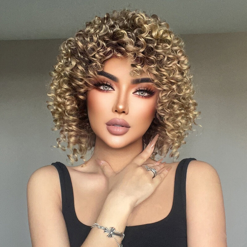 Wig sintetik bom keriting cokelat emas wig ombak besar pendek untuk wanita hitam rambut serat Afro tahan panas sehari-hari Cosplay pirang
