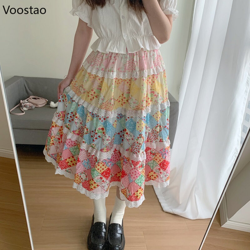 Falda de cintura alta con estampado Floral japonés para Mujer, volantes de encaje Vintage con ropa de calle, Faldas sueltas coreanas, Harajuku Y2k