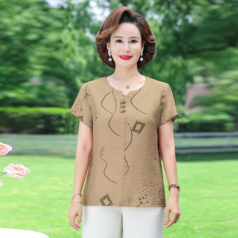 Summer Women's Pullover Round Neck Button Folds Fashion Print Slim Fit Short Sleeve Cotton Linen Shirt