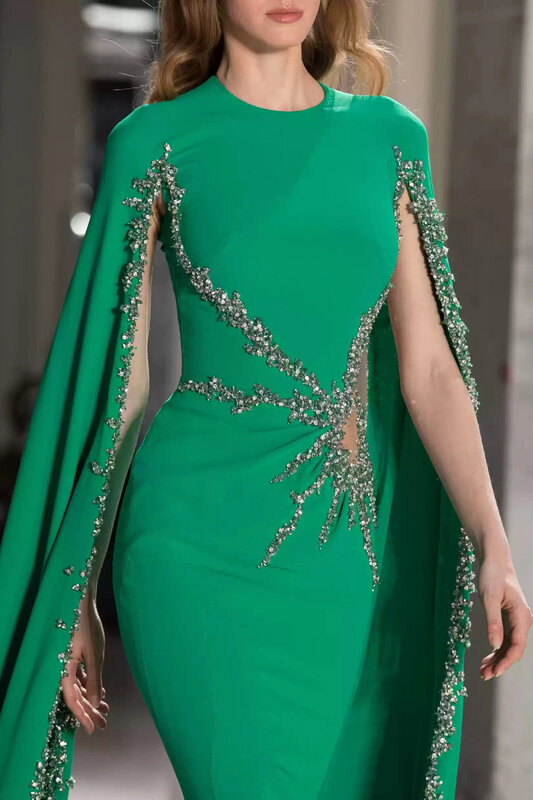New 2024 Green Mermaid Evening Dresses High Neck Cap Sleeve Party Prom Satin Elegant Gowns Muslim Appliques Sequins Formal Dress