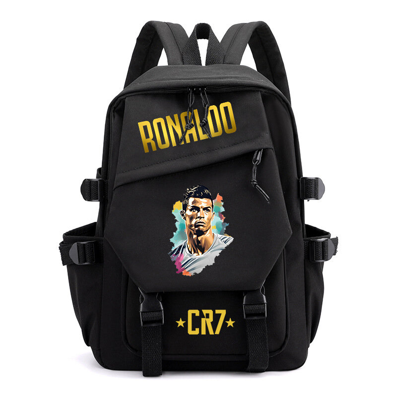 Ronaldo tas sekolah pelajar motif, tas punggung hitam cocok untuk anak perempuan