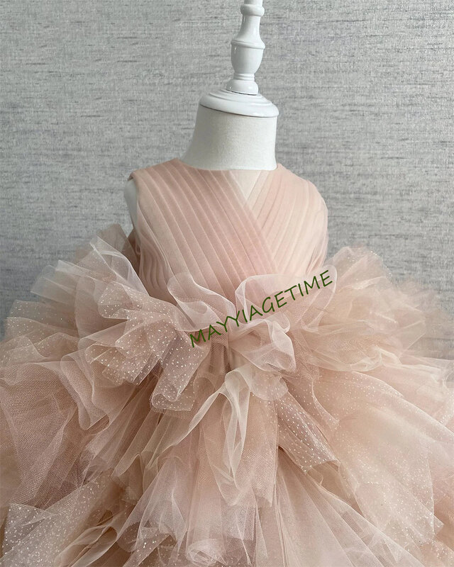 Bufiasta tiulowa suknia wieczorowa w kwiaty szyfonowe rękawy sukienki imprezowe suknia balowa różowe dziecko suknie ślubne dla dziewczynek sukienka dla dziewczynek