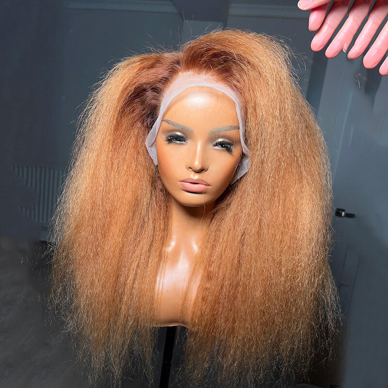 Perruque Yaki Lace Front Wig sans colle pour femmes noires, cheveux crépus lisses, cheveux de bébé, pré-épilés, longs et doux, blonds et bruns, densité 180, 26 po