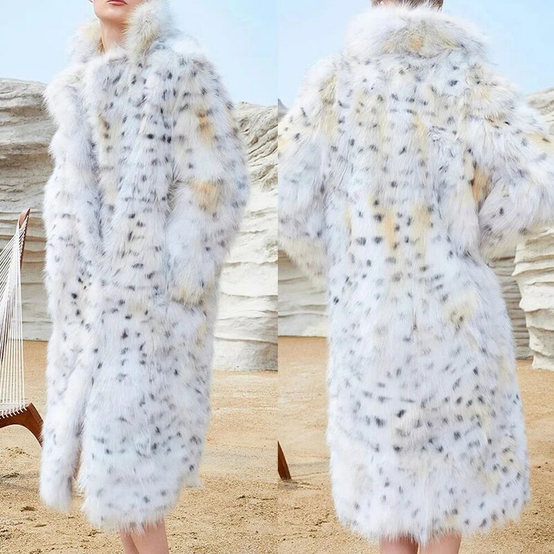 Fashion Women Hooded Leopar Print Faux Fox Fur Coats Long Winter Coat Overcoat Long Sleeve Jacket Thick Outwear Tops