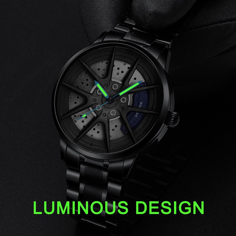 BORUSE 2024 Fashion Mens Car Wheel Watches Luxury Stainless Steel Waterproof Watch for Men Quartz Wristwatch reloj hombre