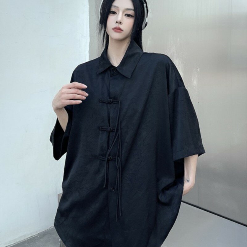 New Chinese Style National Button Short Sleeve Shirt Women's Retro Lazy Loose Thin Mid Top