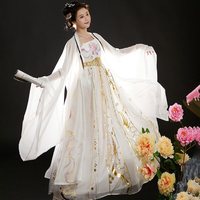 Tang Dynasty White Hanfu Female Loose-sleeved Shirt Embroidered Ancient Costume Daily Fairy Elegant Woman Chinese Dresses