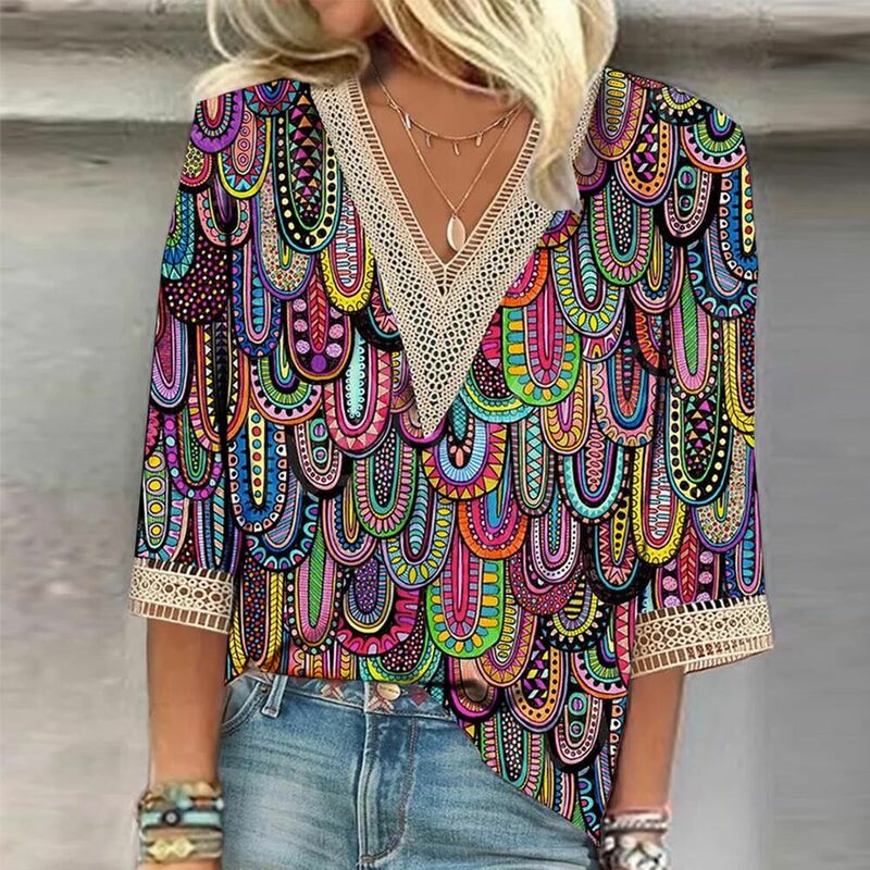2023 Summer Fashion Women Clothing V-neck Patchwork Colour Printing Lace Print Casual Loose Female Top Cuff Hollow Office Lady