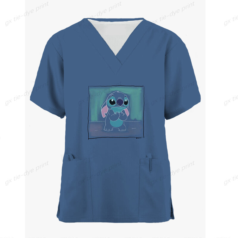 여성 단색 간호사 유니폼, 디즈니 스티치 프린트 상의 유니폼, 반팔 포켓, 의료 여성 간호사 유니폼