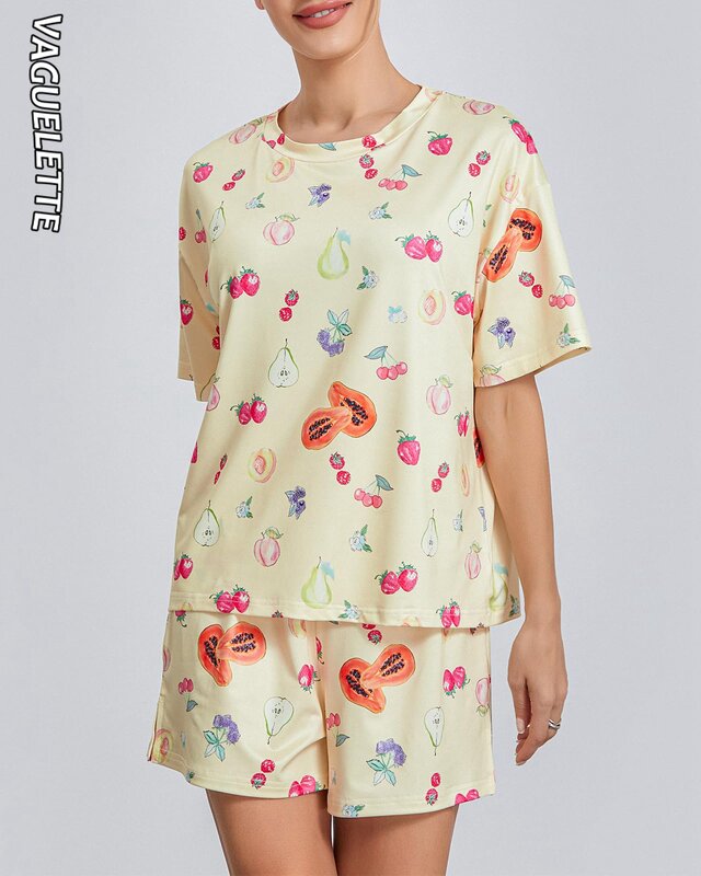 VAGUELETTE-Conjunto de pijama para mujer, Camiseta con estampado de frutas y pantalones cortos, 2 piezas