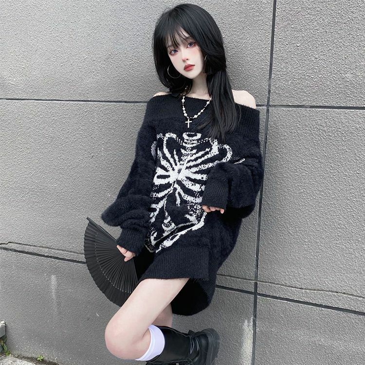 Pull en tricot graffiti surdimensionné noir, pull côtelé décontracté, col slash, esthétique Y2K, Harajuku, grunge sexy, automne