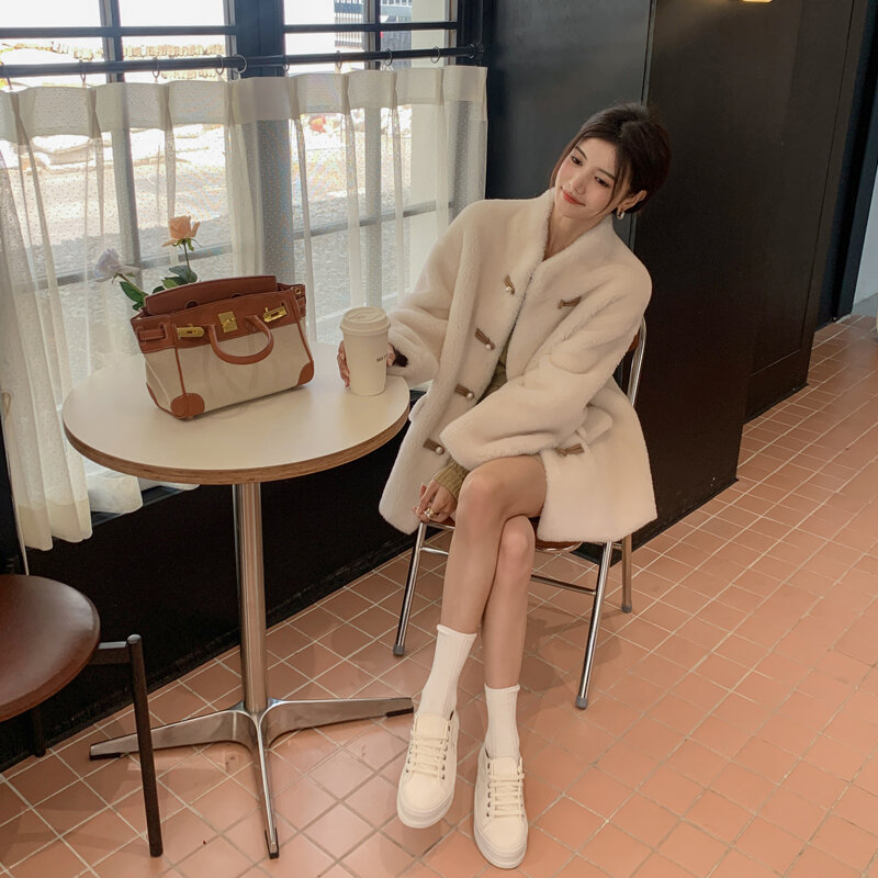 중국 스타일 양모 양모 모피 코트 여성용 짧은 한국 스타일, 가을 겨울 신상품 모피 통합 스탠드 칼라