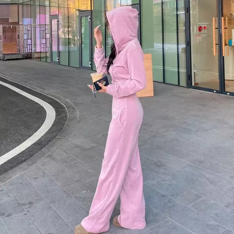Age-reducing Sets Women Wide Leg Pants Zipper Hooded Hoodies Velvet Crop Tops Simple BF Streetwear Korean Fashion Spring Ins