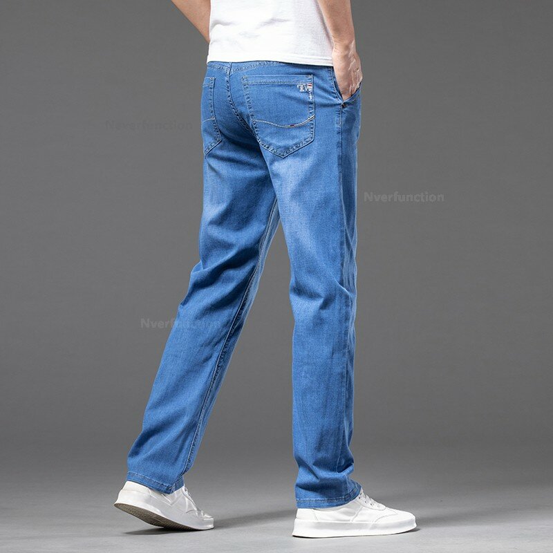 Джинсы мужские стрейчевые, тонкие классические брюки из денима, повседневные Прямые мешковатые брюки, большие размеры 44 46, на лето