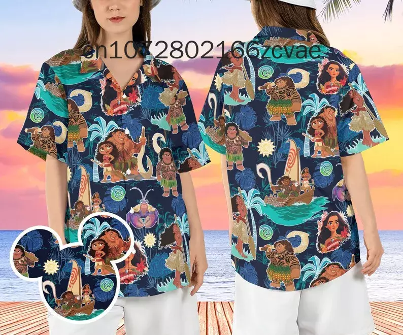2024 New Disney Moana Princess koszula hawajska męskie i damskie guziki Disney hawajskie koszule Casual Fashion Street Shirt