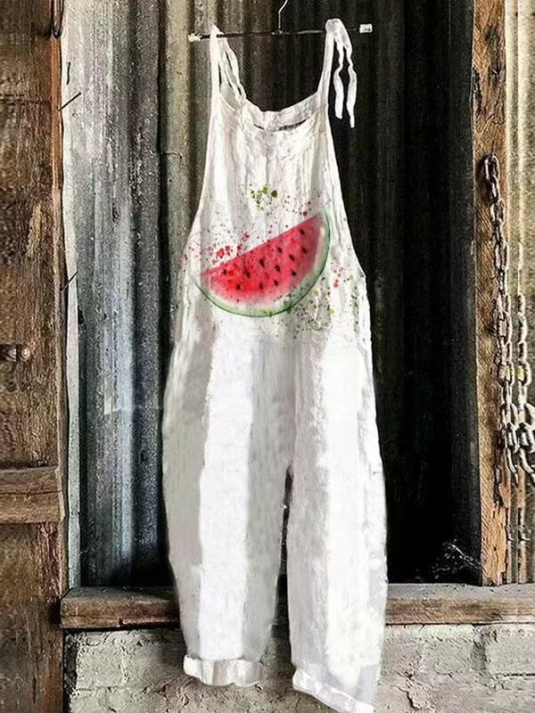 Celana panjang lurus motif 3D wanita, baju monyet longgar nyaman, celana kaki lurus motif 3D buah modis musim panas