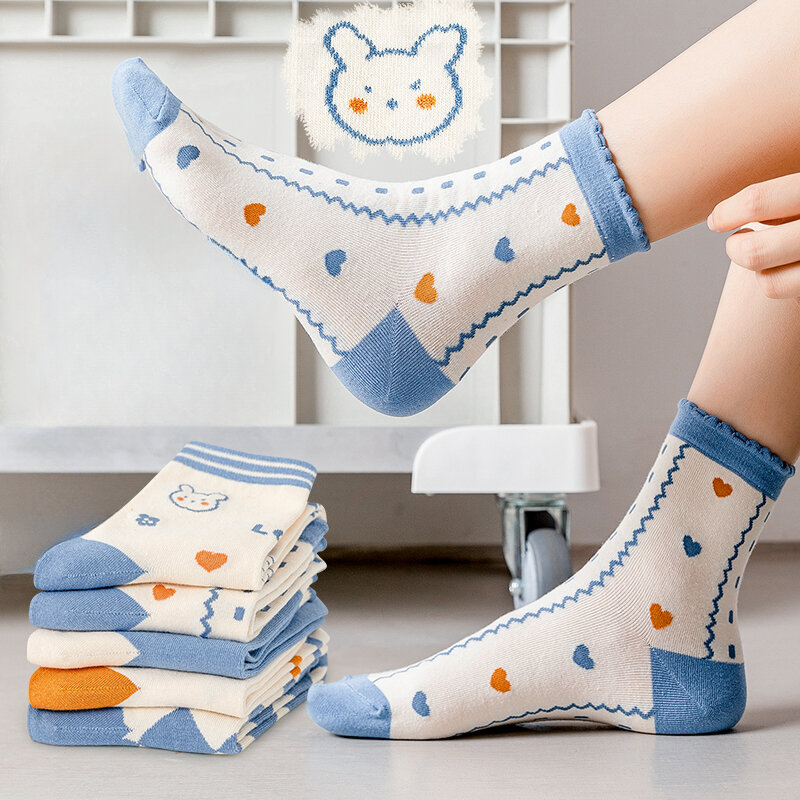 5 Pairs Cotton Sports Socks Women Cartoon Rabbit Cute Socks High Quality Spring Autumn Short Crew Socks Kawaii School Girls