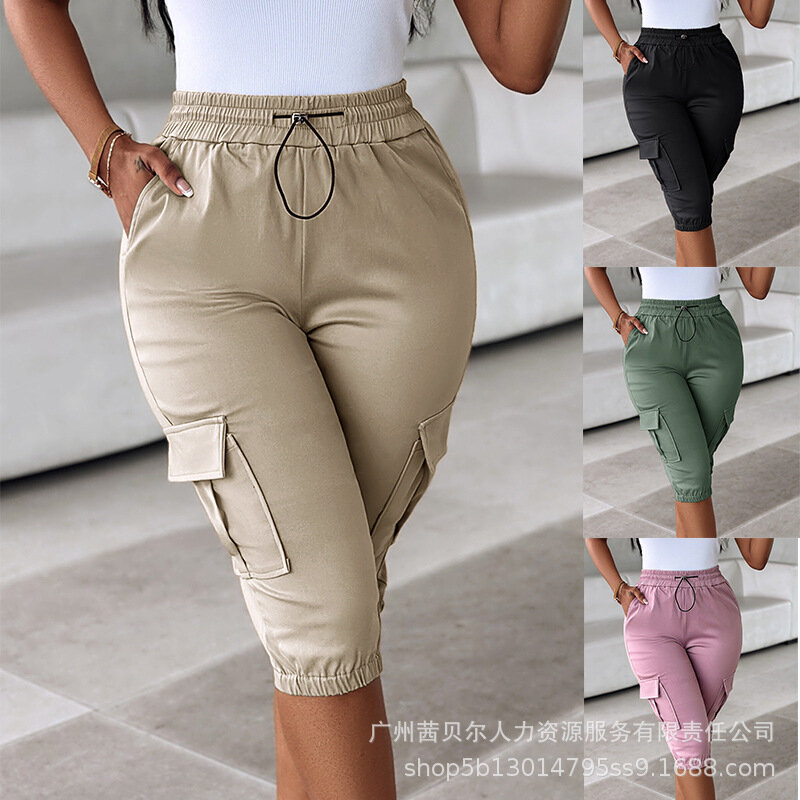 กางเกงผู้หญิงคาร์โก้ Capris กางเกงรัดรูปเอวยางยืดทรงสลิมฟิตปกติลำลองสีล้วนกางเกงปลอกกางเกงยาวน่อง