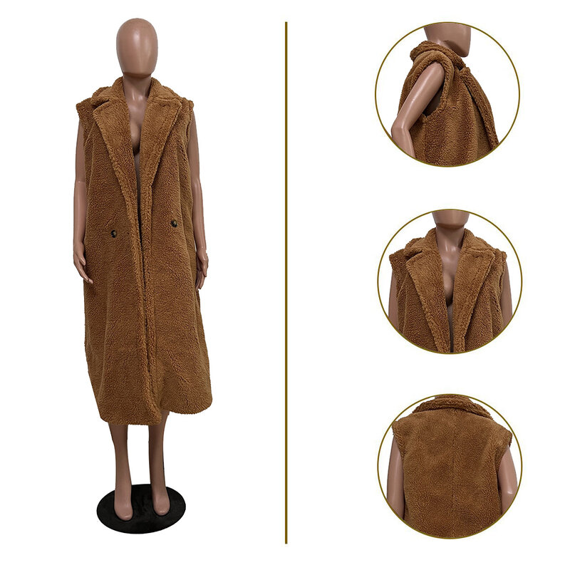 PERITANG-Chaleco de piel de oveja falsa para mujer, Chaqueta larga con solapa de lana sintética, abrigo de invierno