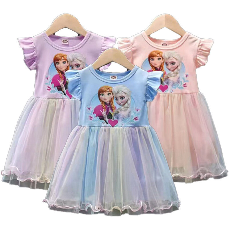 Summer Baby Girls Frozen Dress 2024 New Kids Elsa Anna Short Sleeved Rainbow Mesh Princess Dresses Children's Casual Clothing