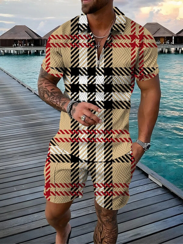 Рубашка-поло мужская с 3D-принтом, винтажный комплект из 2 предметов, на молнии, с лацканами, с воротником на молнии и шортами, повседневная одежда в праздничном стиле, Гавайский стиль