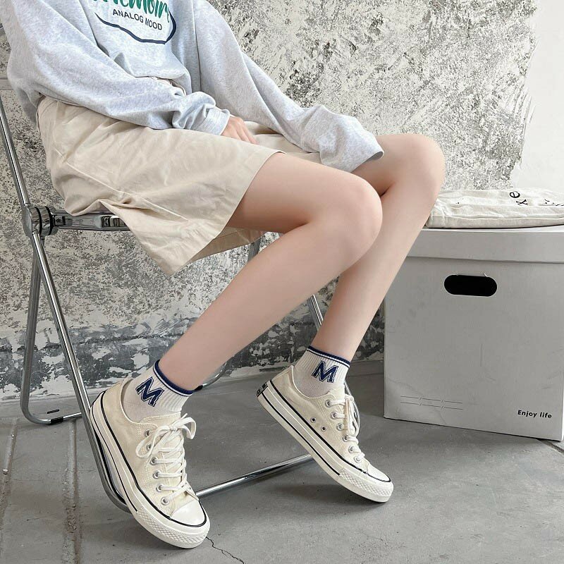 Calcetines de algodón con letras personalizadas para mujer, medias de barco a rayas de colores, tendencia versátil, Popular, serie coreana, B123
