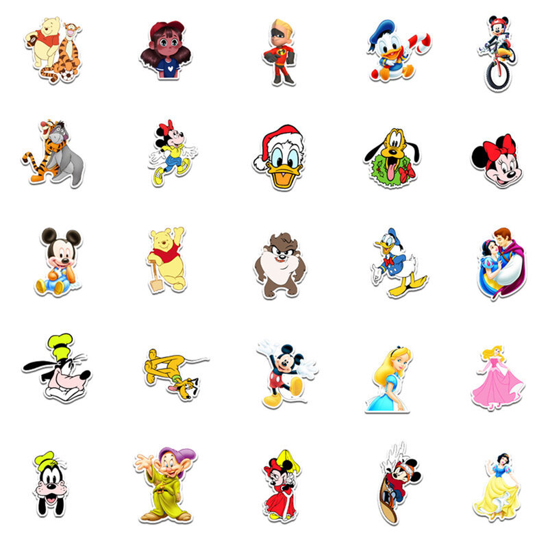 Mixed Disney Anime Series Adesivos, Mickey Mouse, Branca de Neve, Ariel Cartoon Sticker, Diário do Telefone, Guitarra, Bonito, 10 pcs, 30 pcs, 56pcs