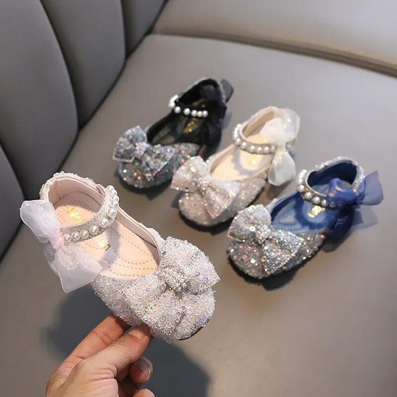 2024 Kids Leather Shoe Spring Autumn Shallow Luxury Girl Shoes Fashion Sweet Bowtie Children Princess Causal Wedding Flats Shoes