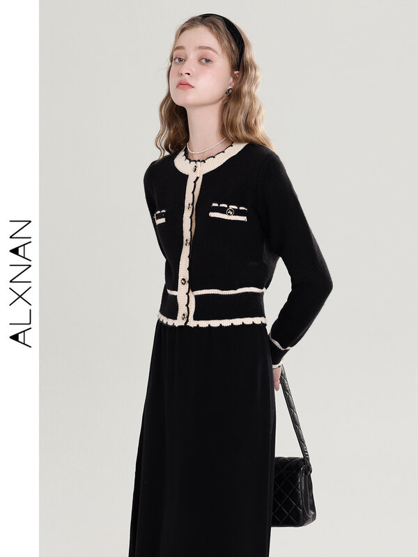 ALXNAN jaket Vintage wanita, mantel wol hitam elegan, rok sedang 2 potong, pakaian luar pendek kasual dijual terpisah T00916
