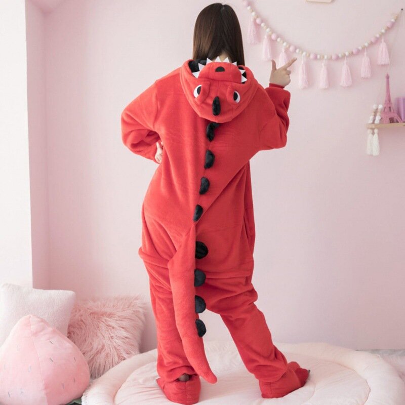 Red Dinosaur Beast Jumpsuit Night-clothes Mature Trendy Individual Endearing Comfortable Cold-proof Fluffy Women's Home Wear