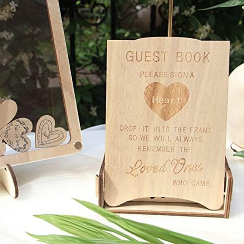Livre d'or de mariage rustique, 80 pièces, boîte en bois en forme de cœur, durable