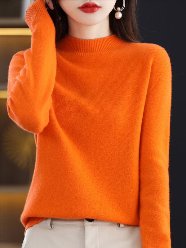 Aliselect-suéter de lana merina de alta calidad para mujer, jersey básico de punto de manga larga con cuello simulado, Tops, otoño e invierno, 100%