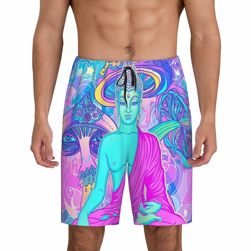 Bottoms de pijama psicodélico de cogumelo mágico masculino, impressão personalizada, pijamas Trippy Buddha, shorts do sono com bolsos
