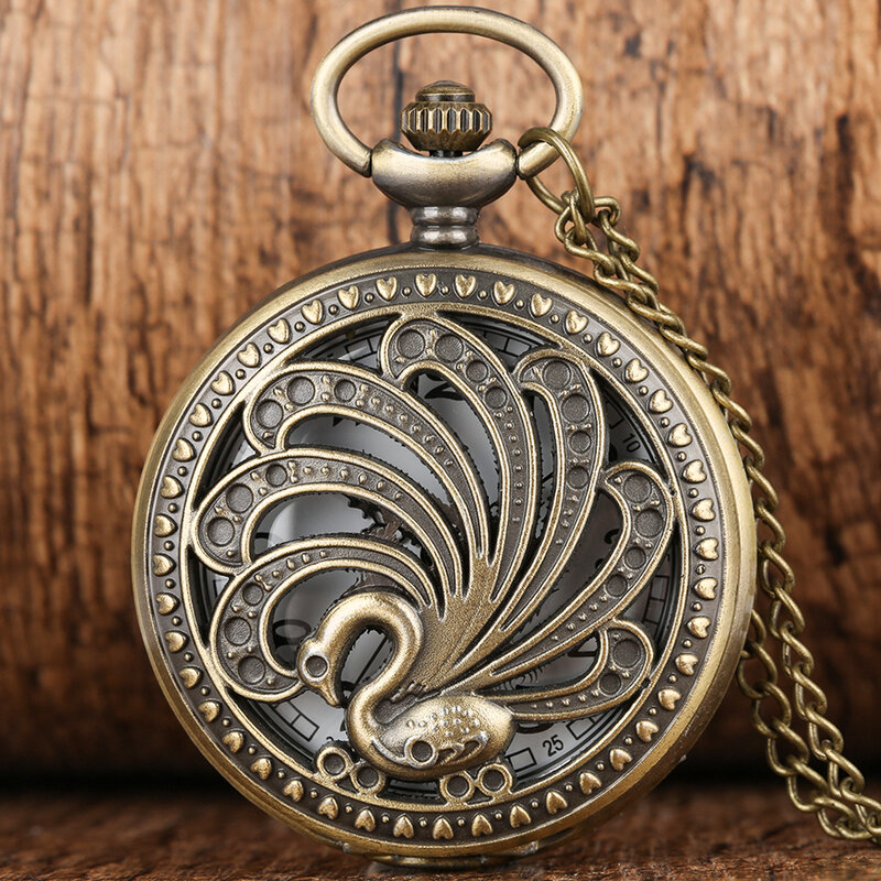 Bronze oco pavão relógio de bolso, colar vintage analógico, relógio pendente, presentes antigos, camisola corrente, relógio