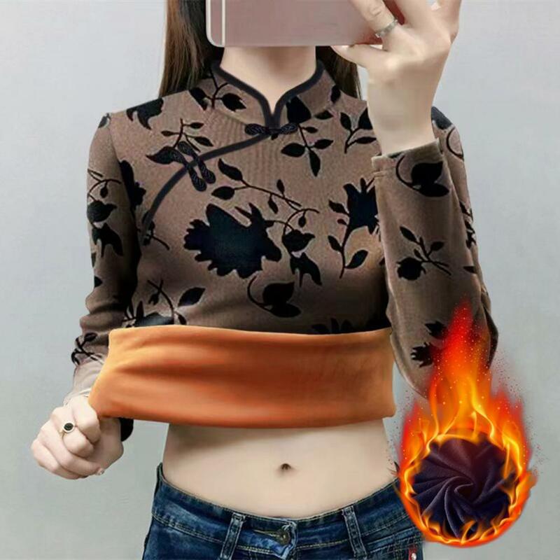 Chinese Style Long Sleeve Fleece T-Shirt 2023 New Women Autumn Winter Cheongsam Collar Thick Base Shirt Female All-match Blouse