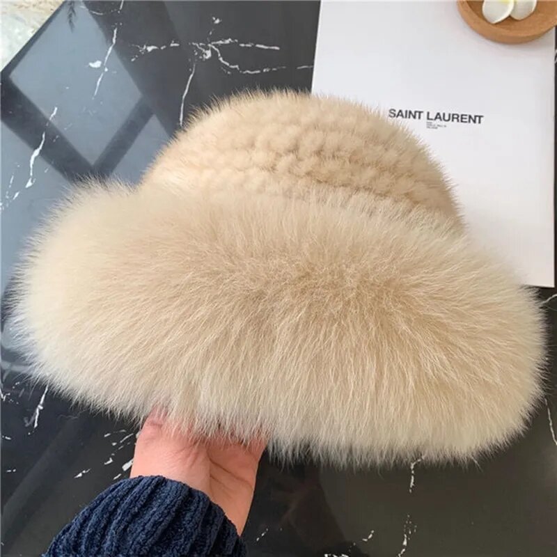 New Genuine Real Natural Knitted Mink Fur Hat Cap Luxury Women Handmade Knit Fashion Winter Headwear Warm Real Fox Fur Beanies
