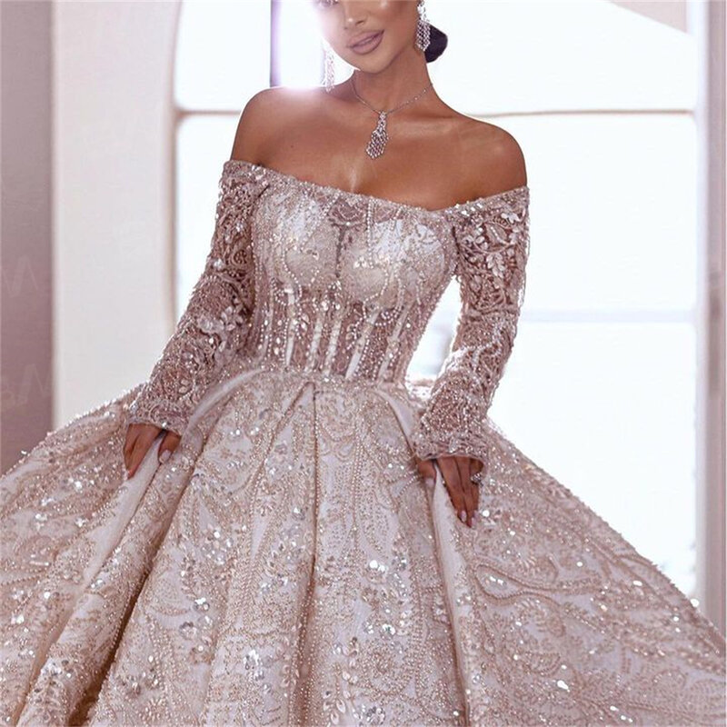 Роскошное Свадебное платье с открытыми плечами и длинным рукавом, блестящая аппликация, женское платье невесты 2024