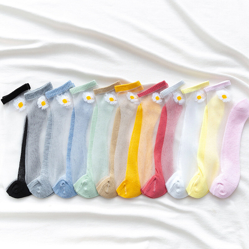 Calcetines cortos con margaritas blancas para mujer, calcetín tobillero de seda transparente, transpirable, Color caramelo, 10 pares