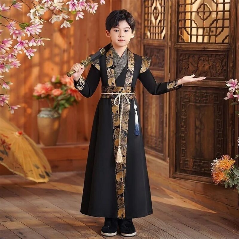 Fato unissex tradicional hanfu modificado tang, traje de ano novo para crianças, estilo chinês, menino antigo