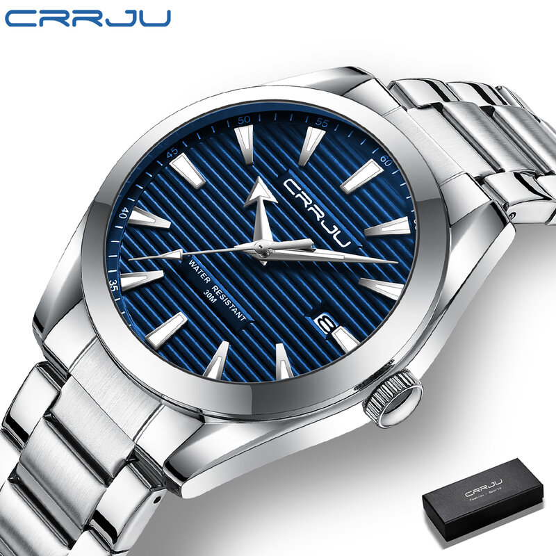 男性のためのcrjuステンレス鋼の時計,新しいブランド,高級ファッション,発光クォーツ時計,アナログスポーツ,耐水性,