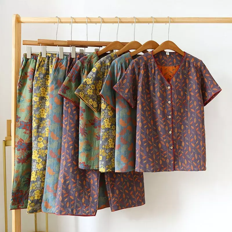 Vintage Wash gestrickte Baumwolle 2 Stück Print Pyjama Anzug Frauen 2023 Frühling Herbst Nachtwäsche Kurzarm Capri hose 2 Stück Set Nachtwäsche