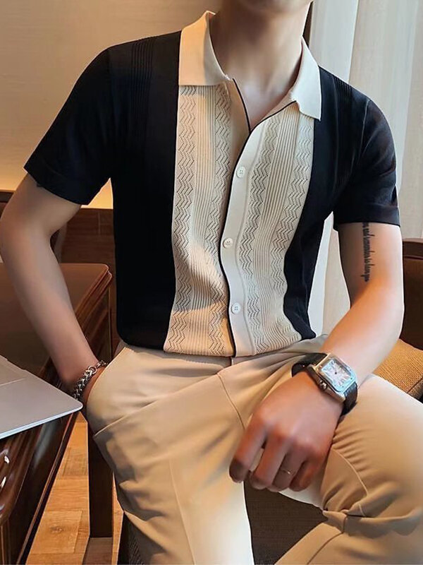 2022 Summer Casual Slim Short Sleeve Polos Mens Shirt Fashion Knitted Striped Patchwork Shirts Men Turndown Collar Buttoned Tops