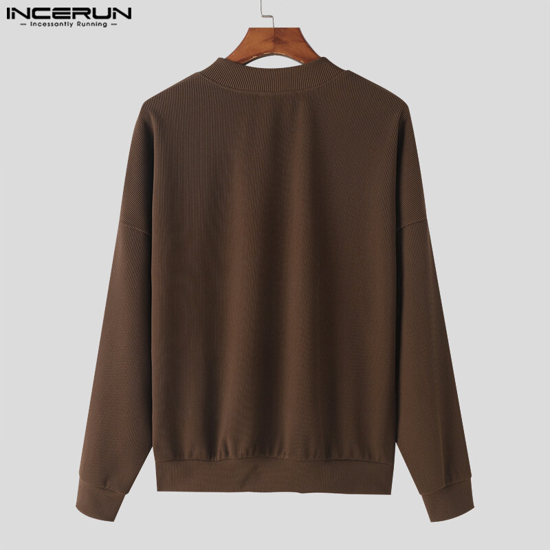 Incerun-メンズアメリカンスタイルオールマッチVネックプルオーバー、ゆったりとした快適なセーター、長袖、単色の男性用トップス、ファッション、S-5XL、2023