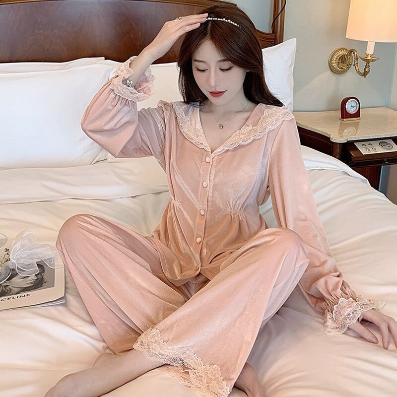 Pijama feminino de veludo manga comprida com decote em v, doce lapela princesa, pijamas temperamentados, pode ser usado fora, outono, inverno, pijama