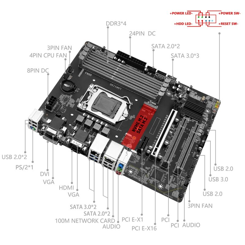 MACHINIST H97M PRO LGA 1150 Motherboard M-ATX Support DDR3 RAM Intel Core I3 I5 I7 E3 CPU SATA3.0 USB3.0 NVME NGFF M.2
