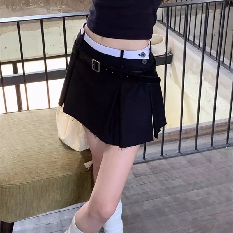 HOUZHOU-minifalda plisada con cinturón para mujer, Falda corta informal de cintura alta, estilo coreano Preppy, ropa de calle de verano