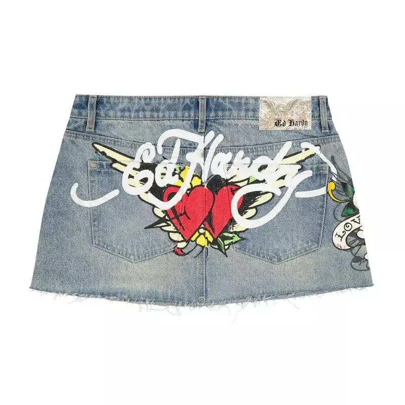 Hip-hopowa czaszka Streetwear spódnica Y2K damska wydruk graficzny w stylu Vintage niebieska jeansowa spódniczka dziewczyna z wysokim stanem szczupła gotycka Mini spódniczka