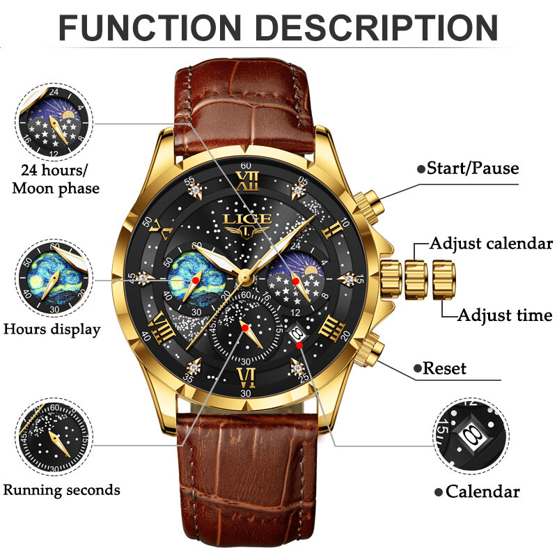 LIGE-Montre à quartz chronographe de luxe pour homme, montre-bracelet militaire en cuir, horloge de sport, marque supérieure