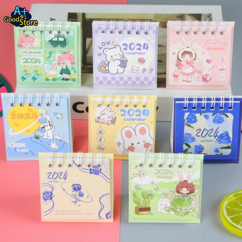 2024 Mini Table Desk Calendar Cute Cartoon Calendar Planner Schedule Kids Student Kawaii Stationery Table Calendar Memo Pad 1 pz